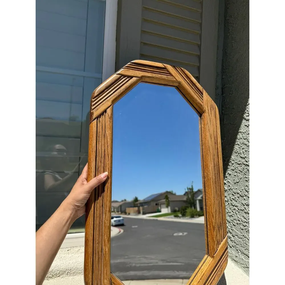 vintage hand crafted by Happythings elongated octagonal mirror reed rattan frame